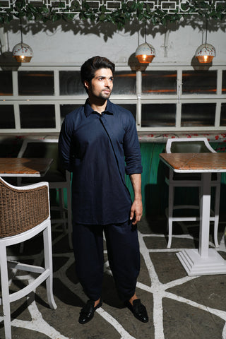 Blue linen double collared kurta with dhoti pants.