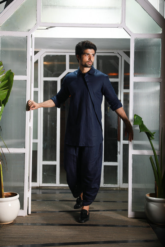 Blue linen double collared kurta with dhoti pants.