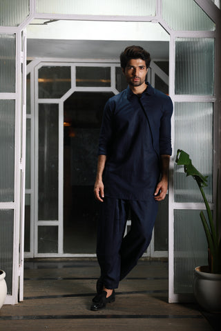 Blue linen double collared kurta with dhoti pants.