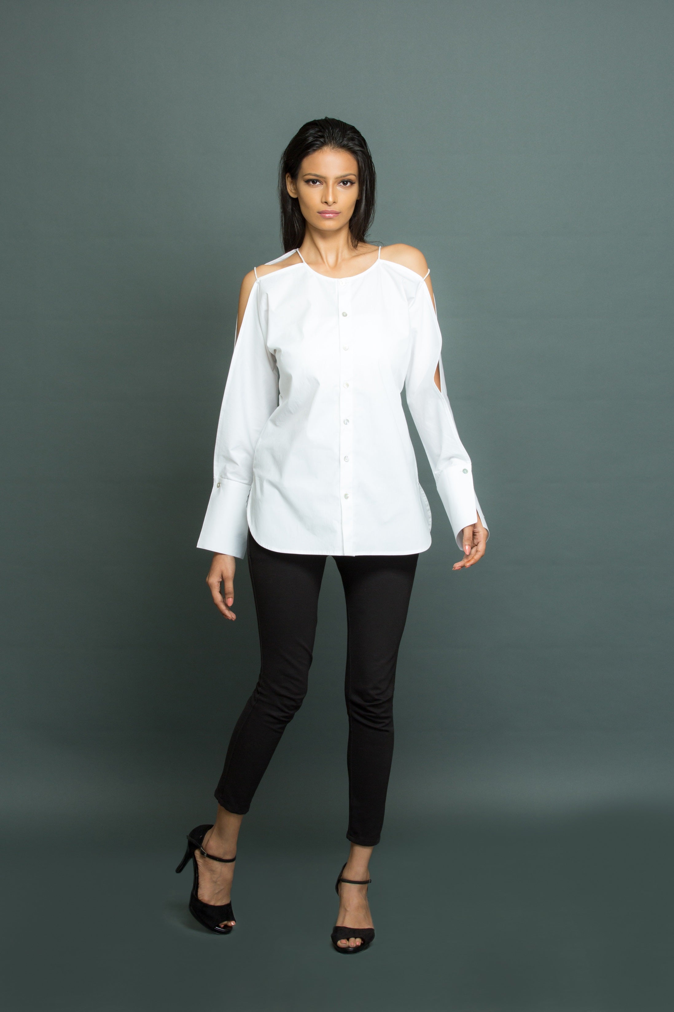 White top with open sleeve feature with self strings