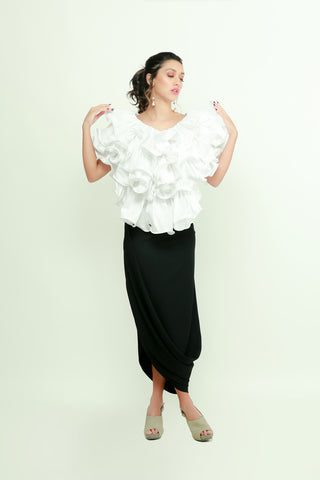 Oversized white ruffled top with boning detailing.