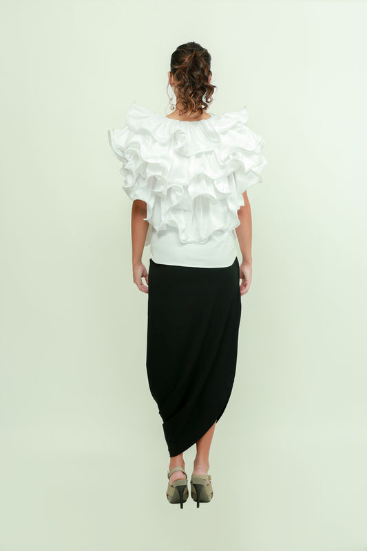 Oversized white ruffled top with boning detailing.