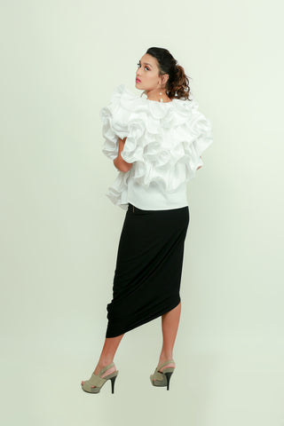 Oversized white ruffled top with boning detailing.