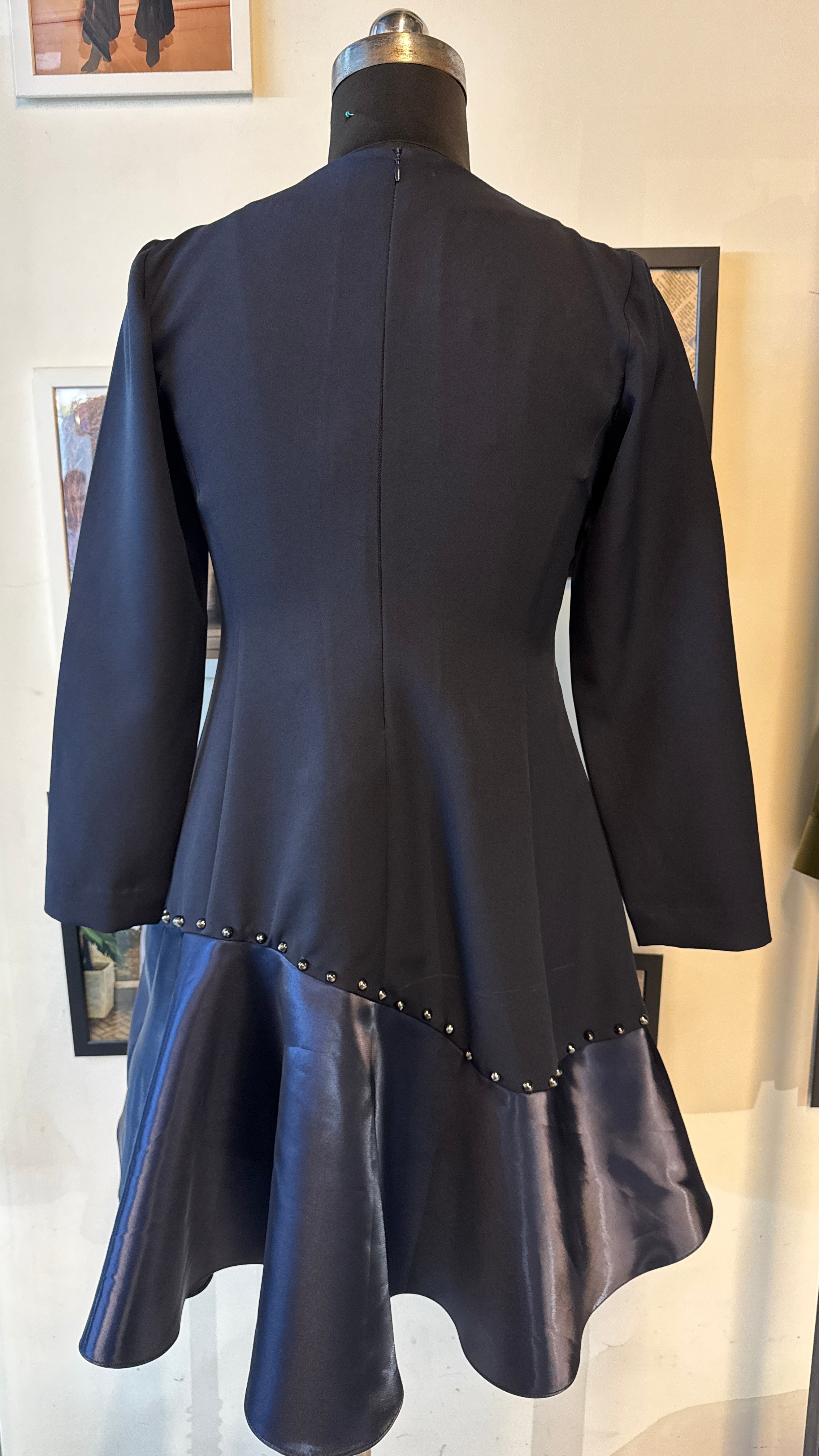 Blue Banana Crepe Fitted Dress With Blue Metallic Curve Ruffle At Base And Rivets