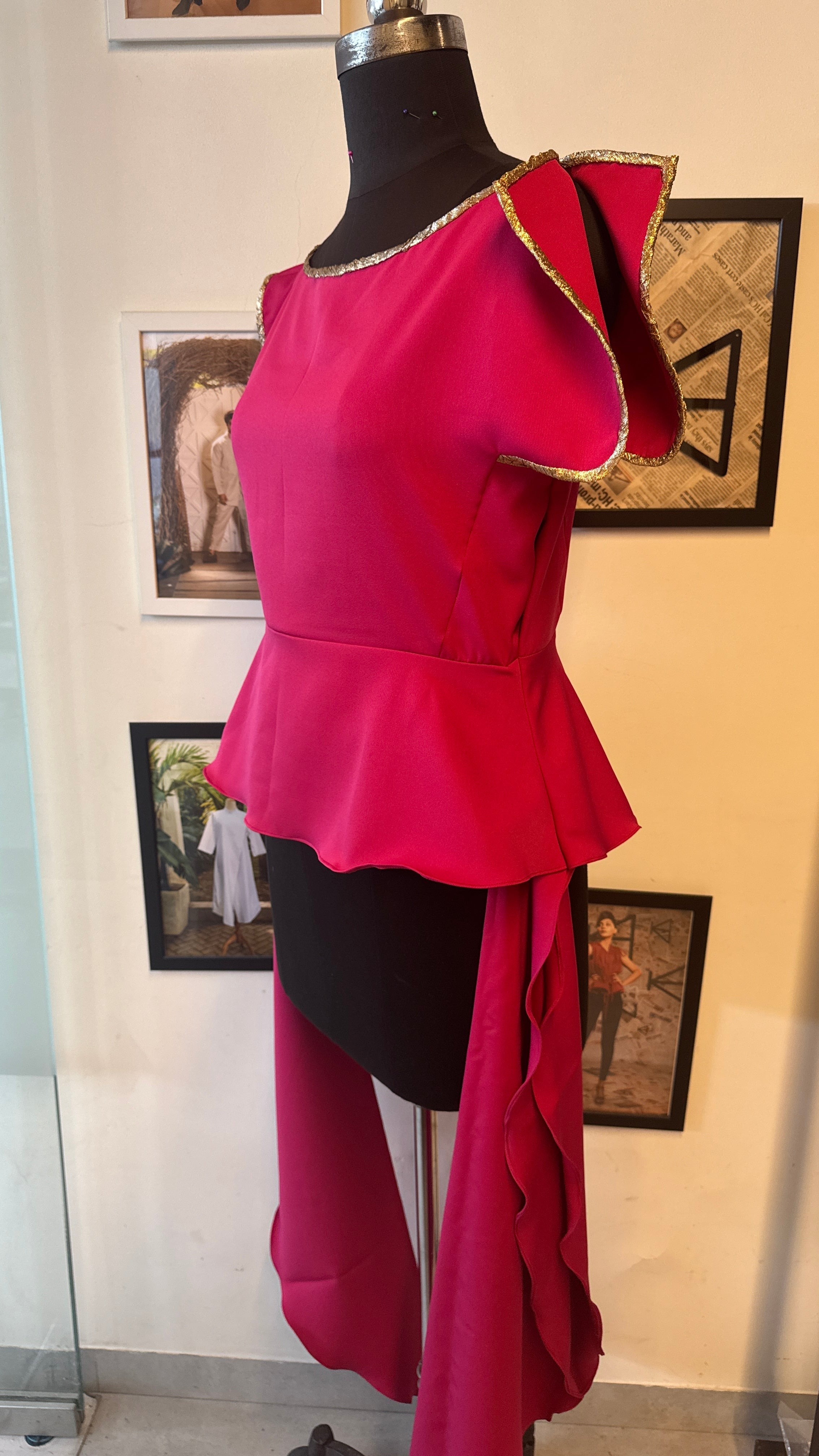 Pink Scuba One Side Sleeve, One Side Fold Peplum Top With Side Trail And Gold Crush Detailing
