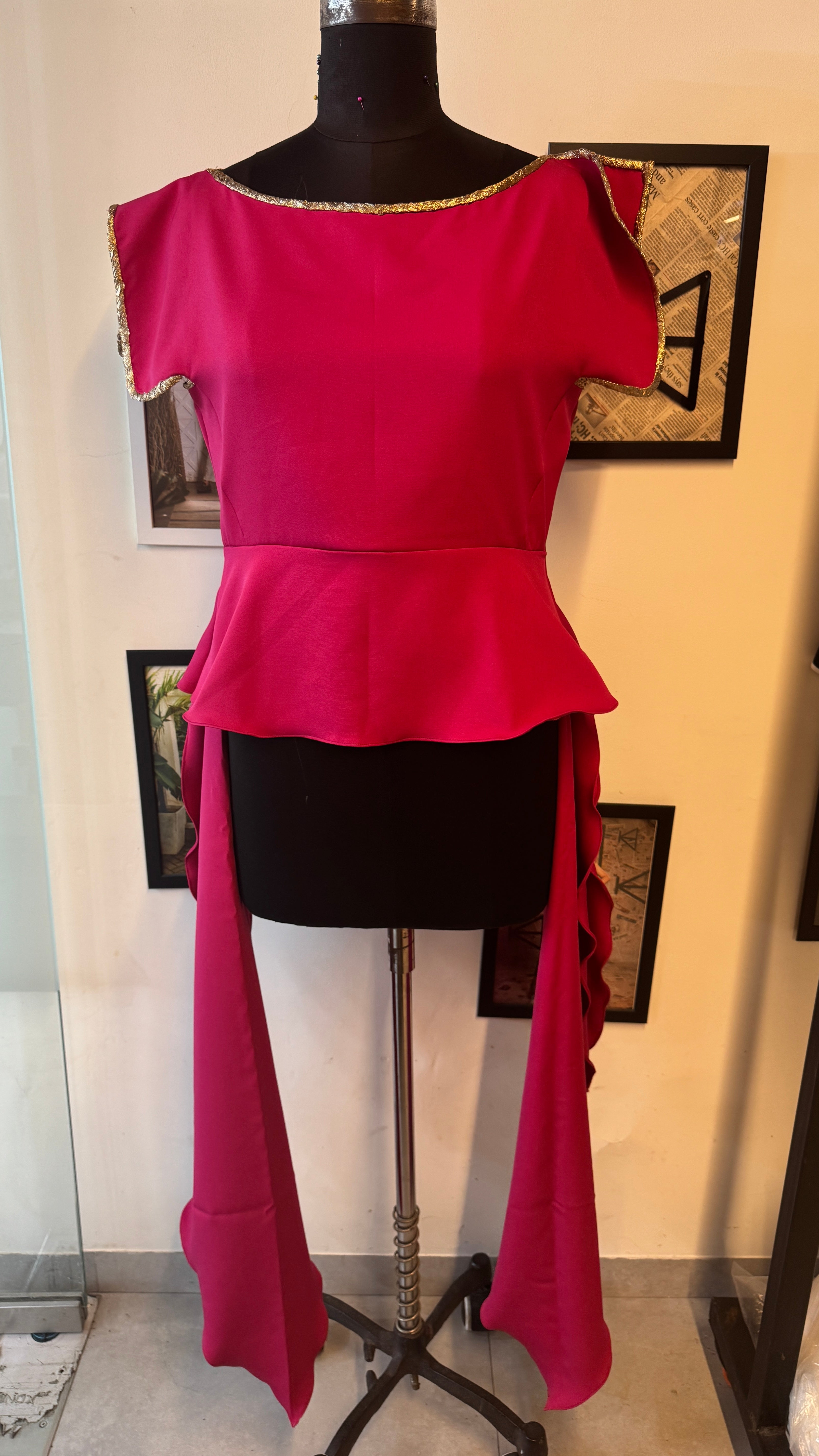 Pink Scuba One Side Sleeve, One Side Fold Peplum Top With Side Trail And Gold Crush Detailing