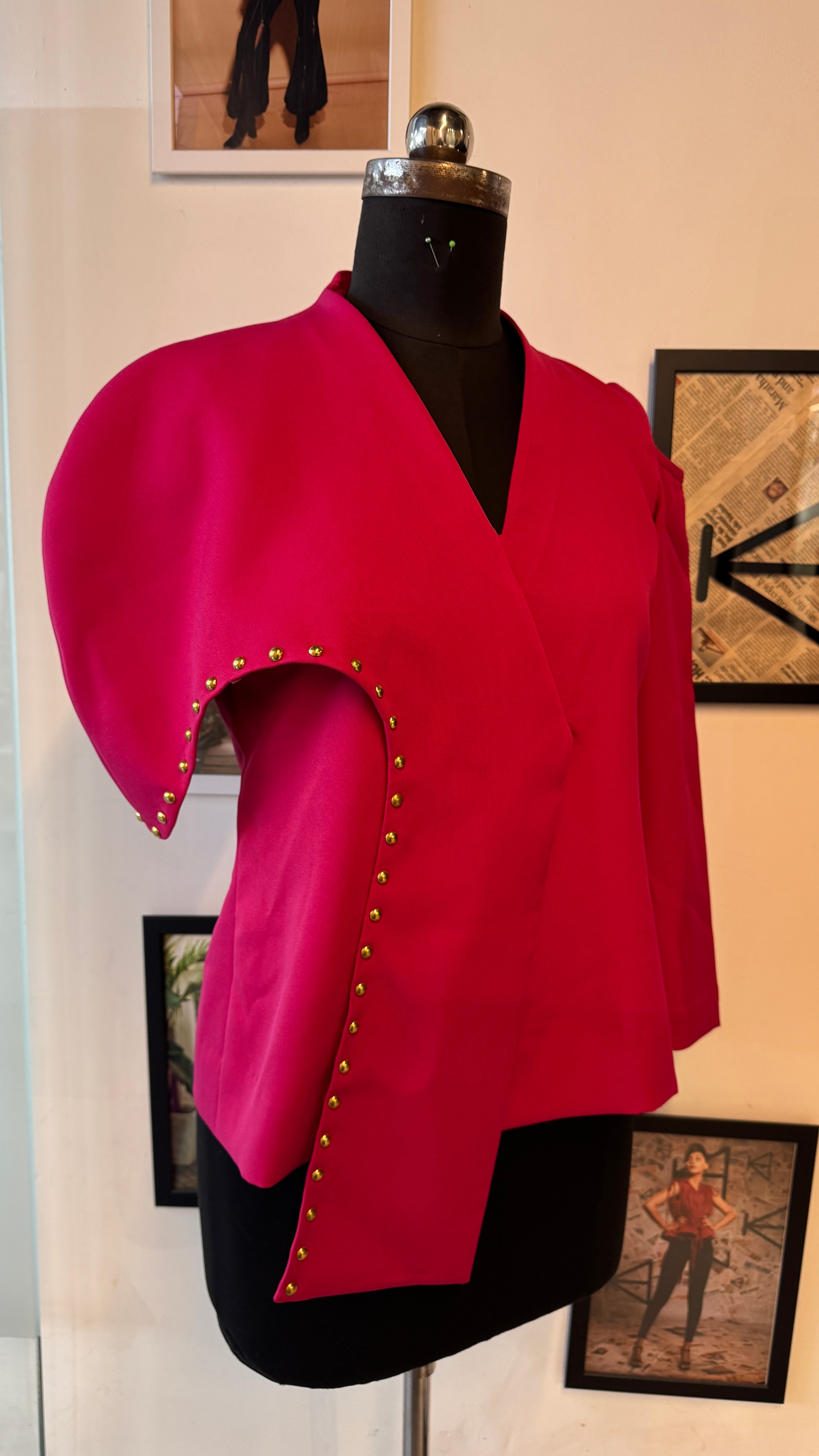 Pink Scuba One Side Cape Peplum With Gold Rivets And Full Sleeves With Back Zip