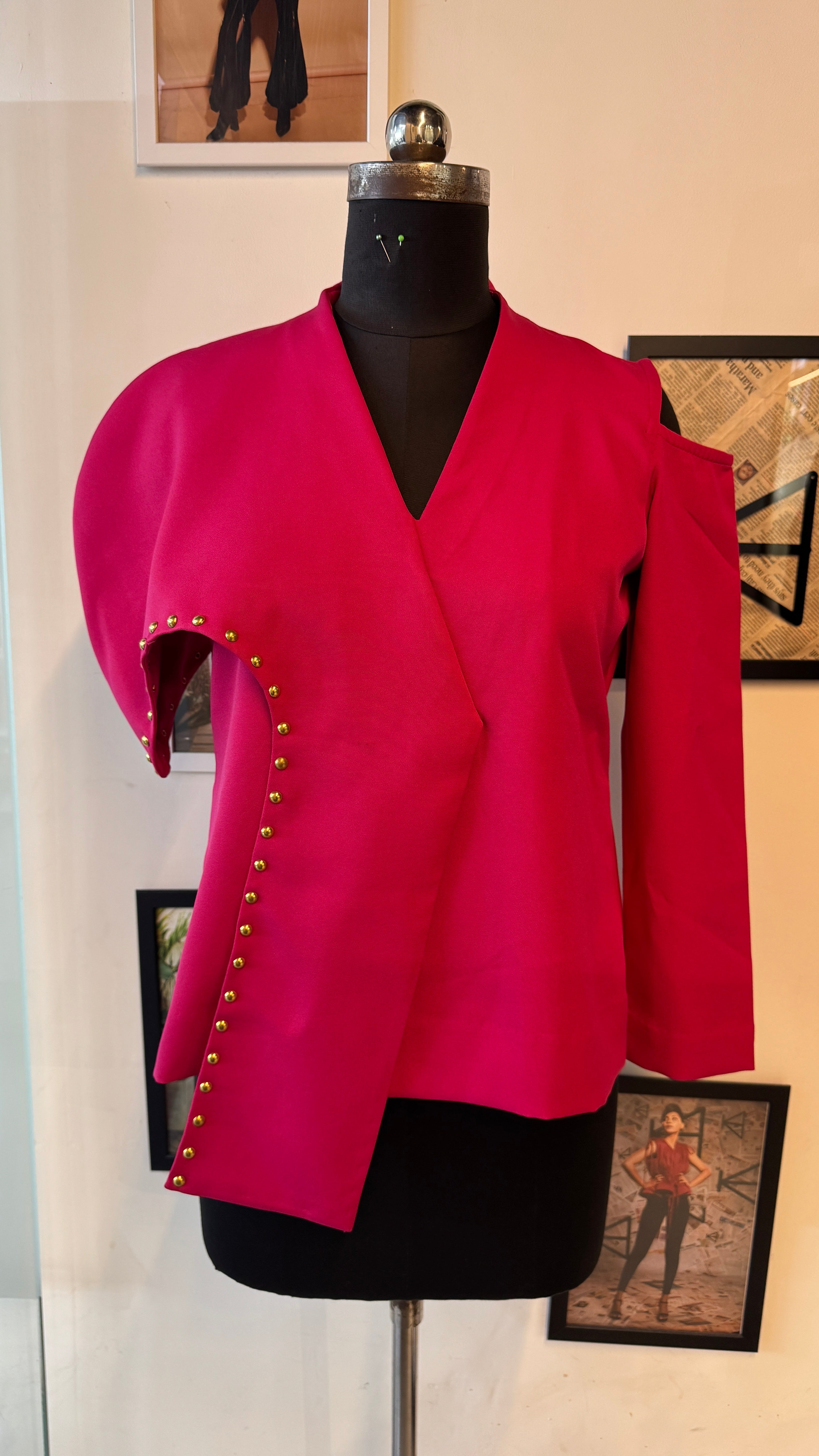 Pink Scuba One Side Cape Peplum With Gold Rivets And Full Sleeves With Back Zip