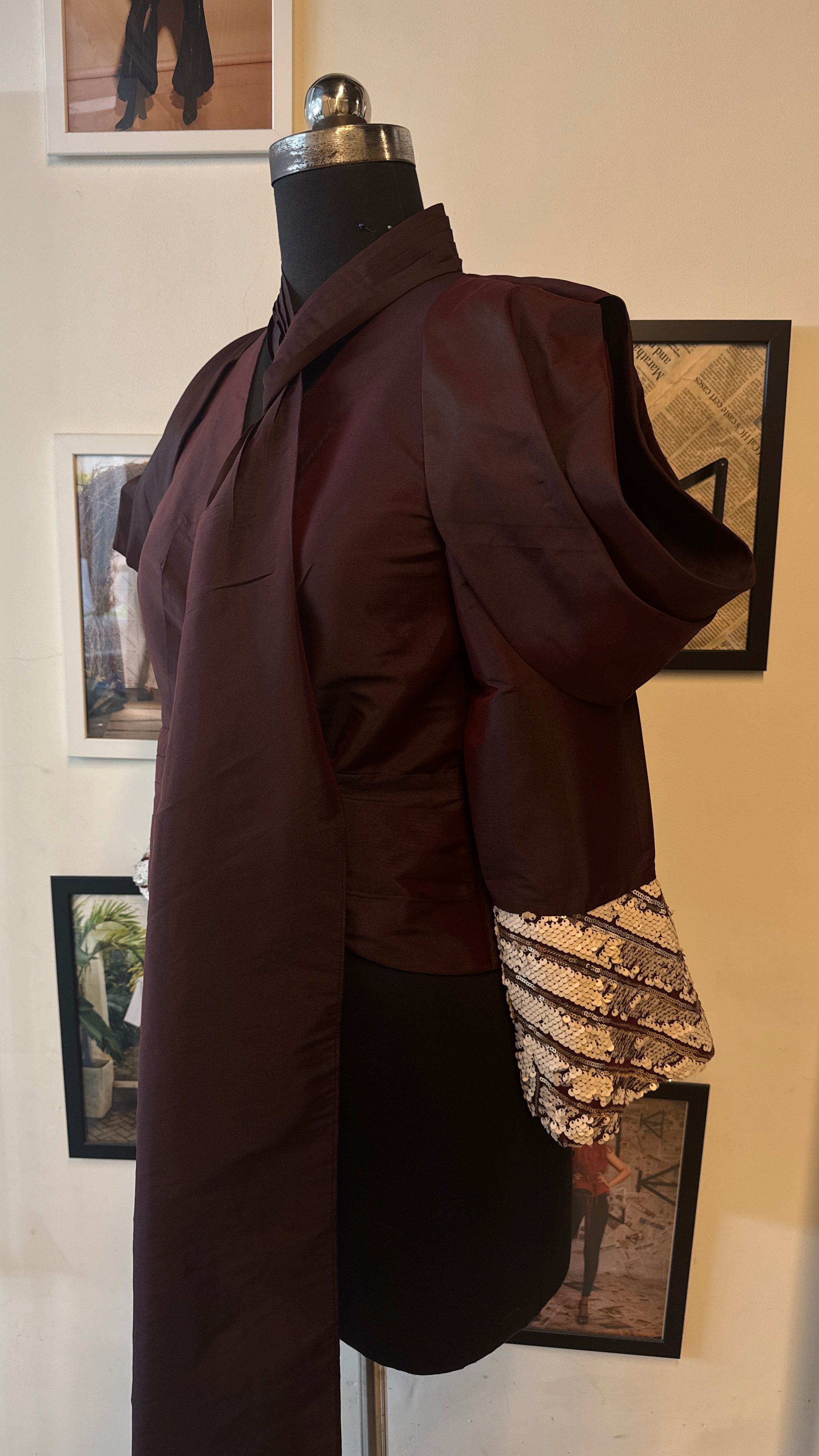 Maroon Tuffeta Diagonla Cut Top With Overlapped Broad Belt With Scarf And Cowled Sleeves