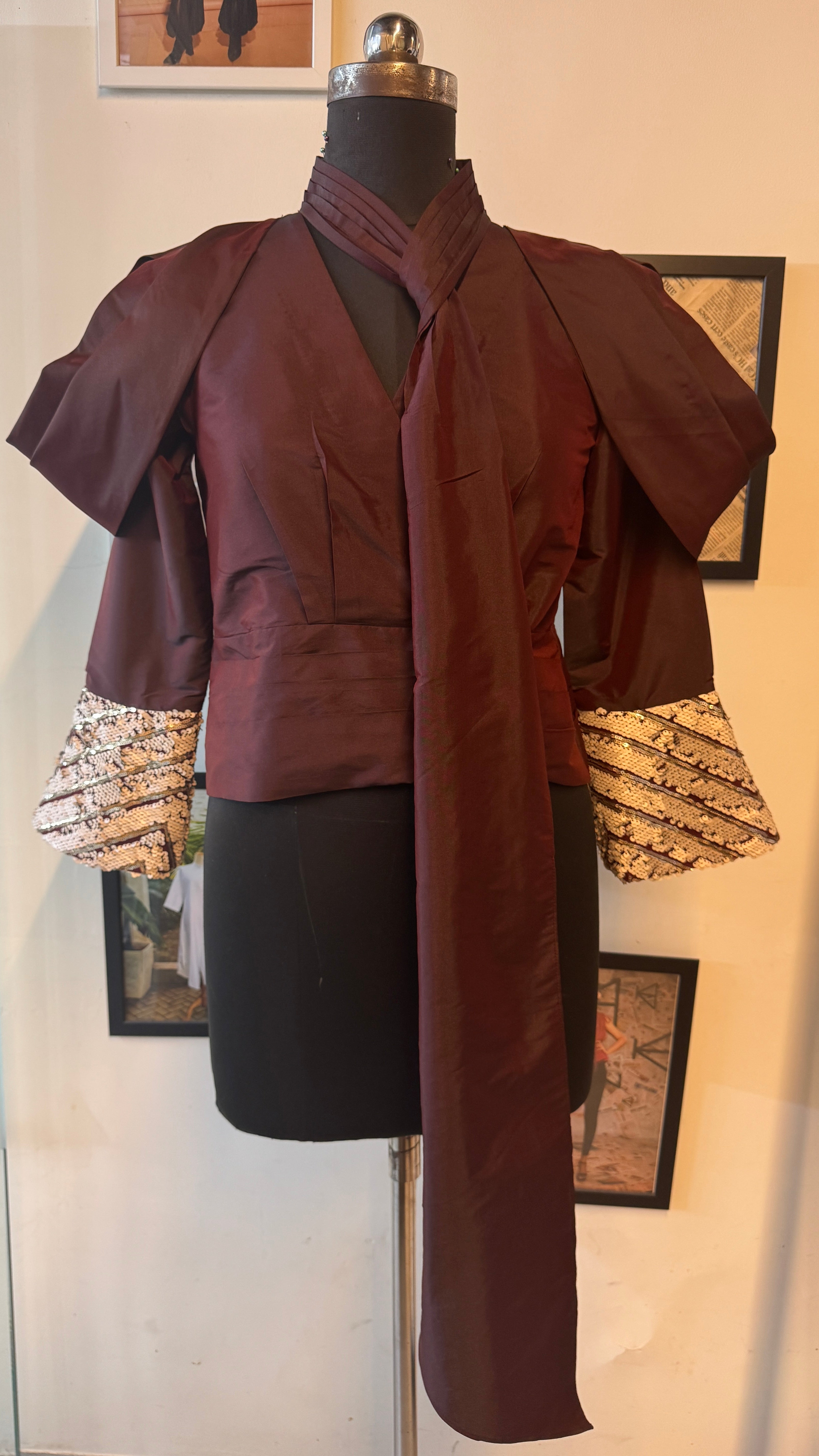 Maroon Tuffeta Diagonla Cut Top With Overlapped Broad Belt With Scarf And Cowled Sleeves