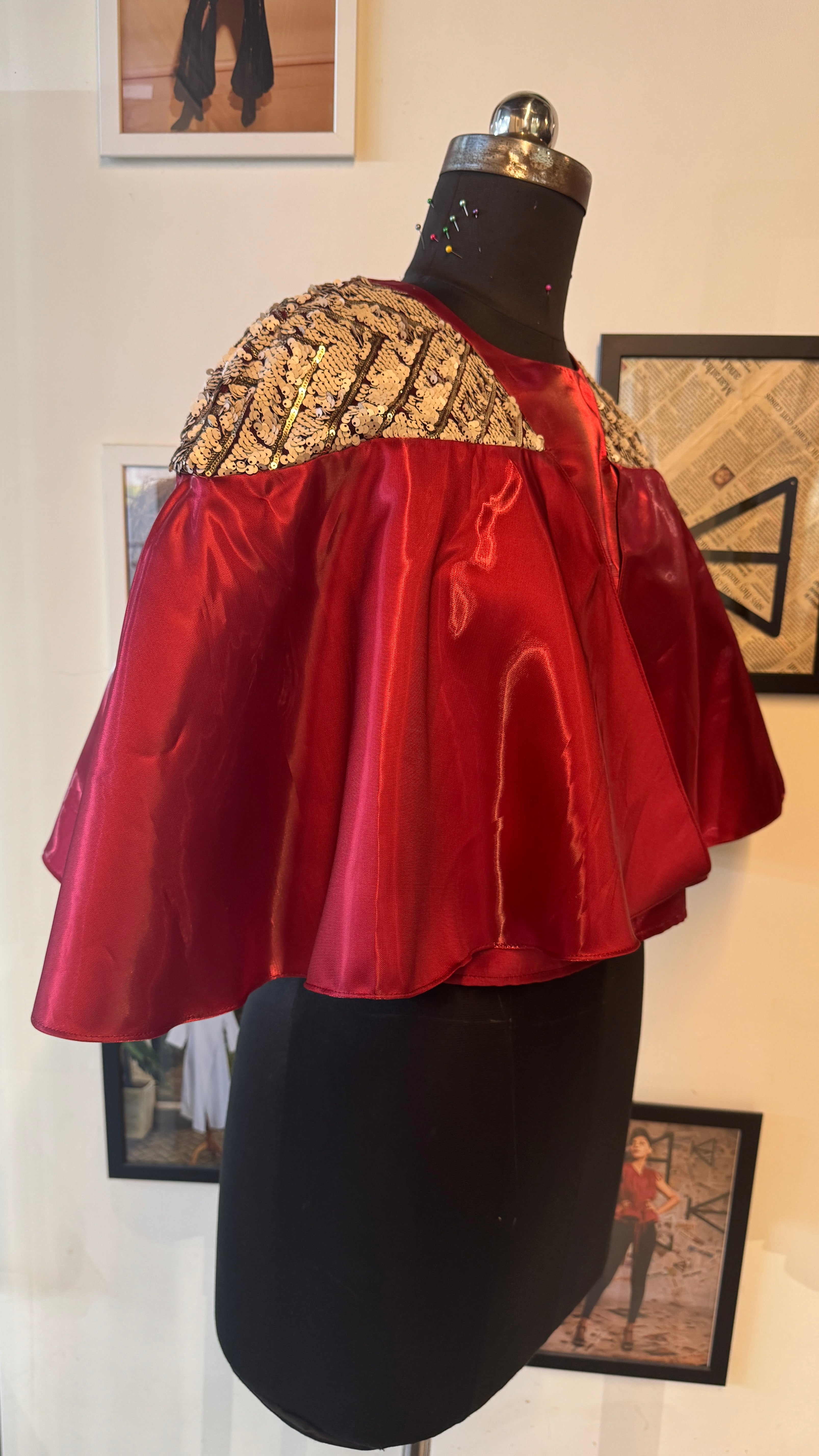 Red Metallic Top With Dramatic Ruffloe Sleeves With Sequins Shoulder Cover