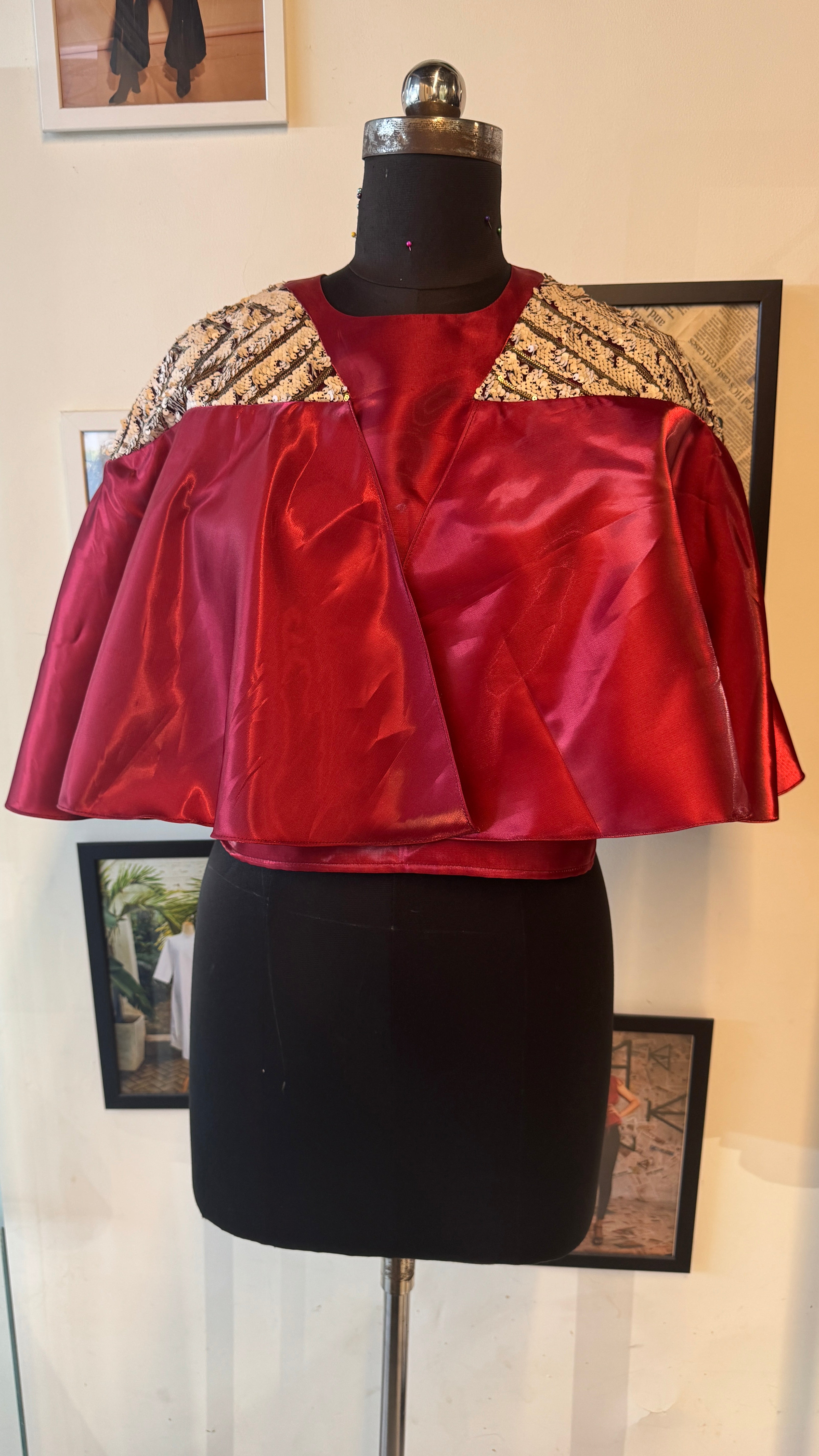 Red Metallic Top With Dramatic Ruffloe Sleeves With Sequins Shoulder Cover