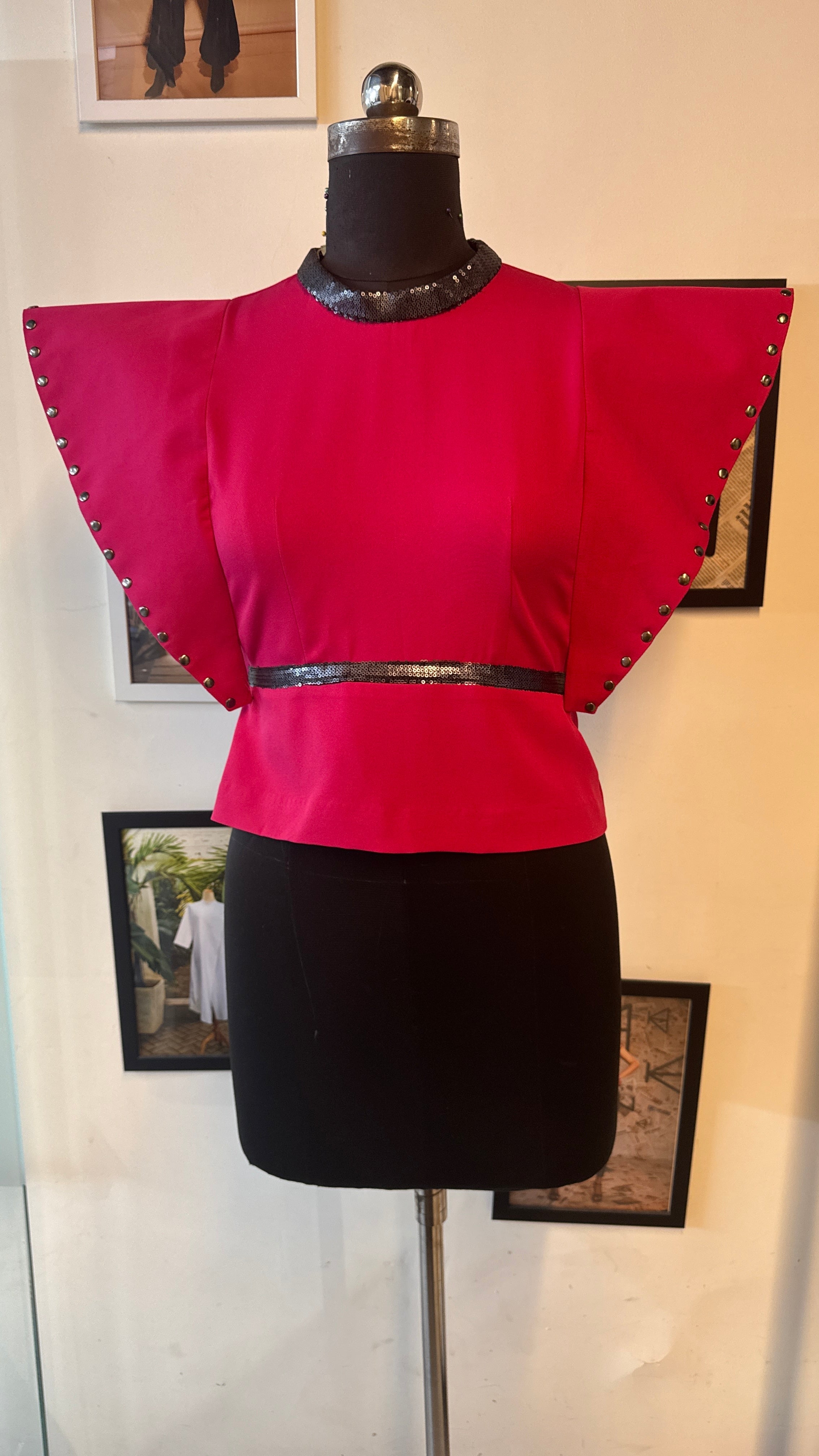 Pink Scuba Peplum With Grey Sequins Belt And Extended Sleeves With Rivets Attached To Belt And Grey Sequins Neckline