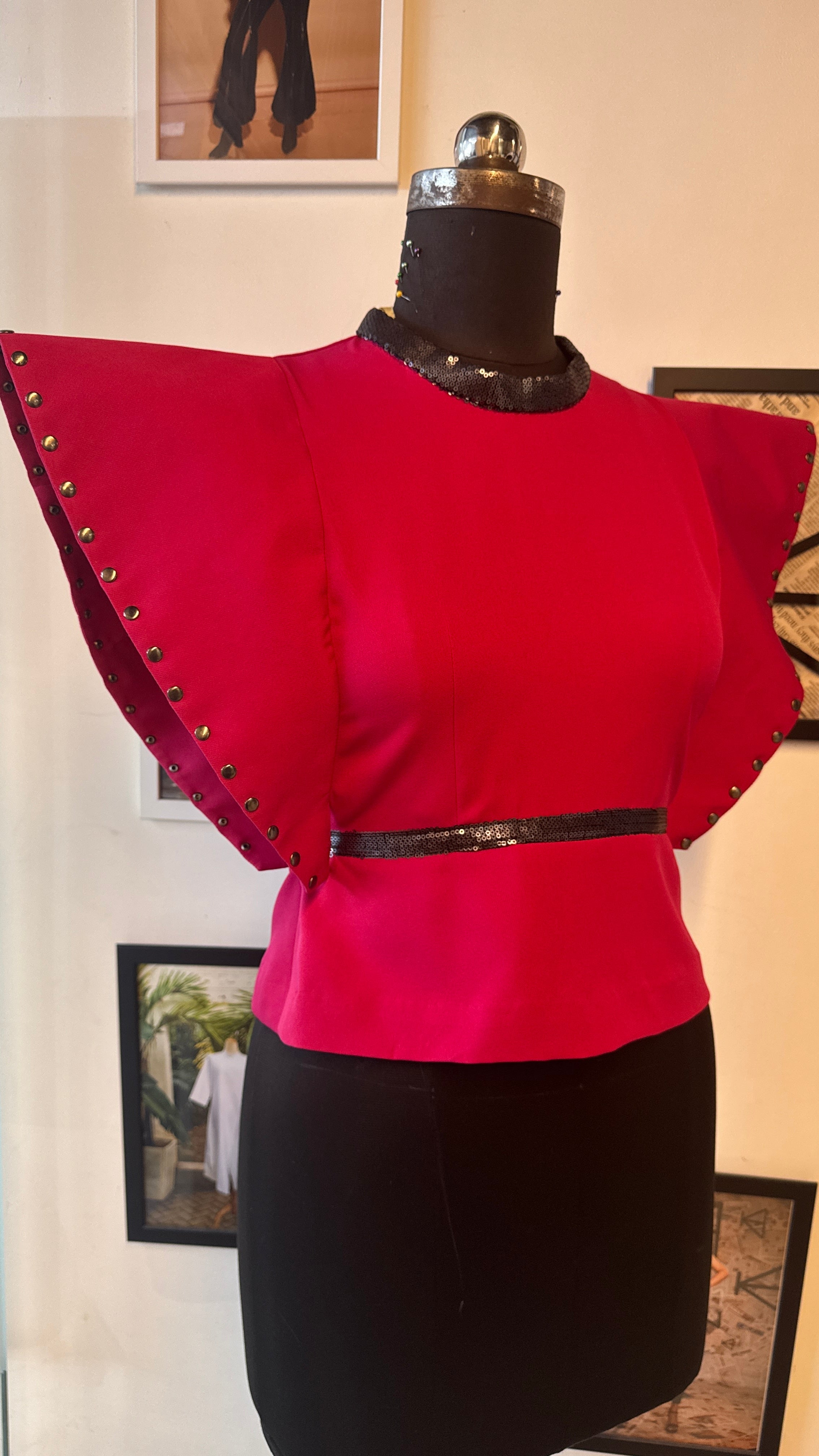 Pink Scuba Peplum With Grey Sequins Belt And Extended Sleeves With Rivets Attached To Belt And Grey Sequins Neckline