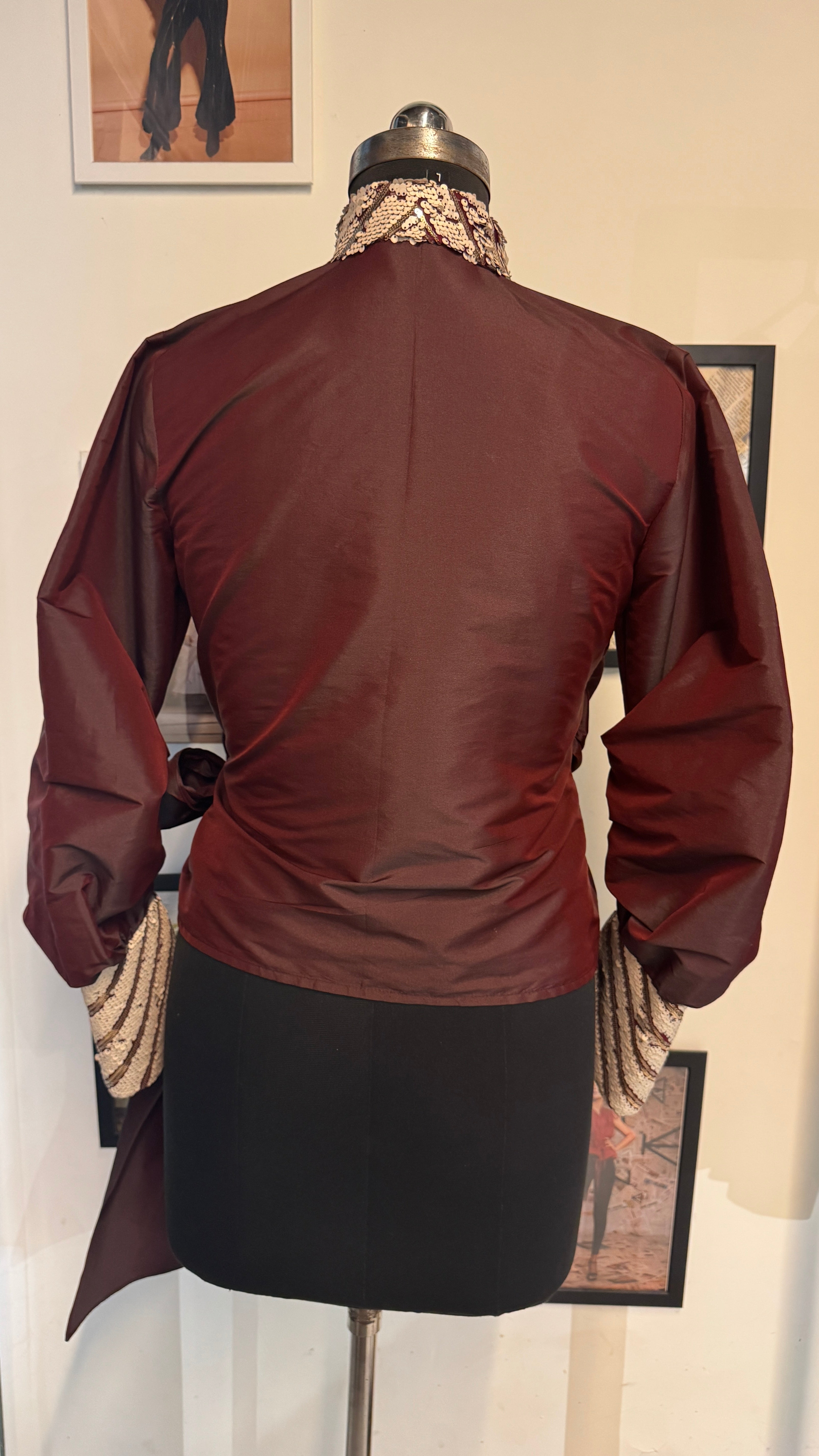 Maroon Tafetta Drape Tie Up Shirt With Zig Zag Sequins Cuff And Collar