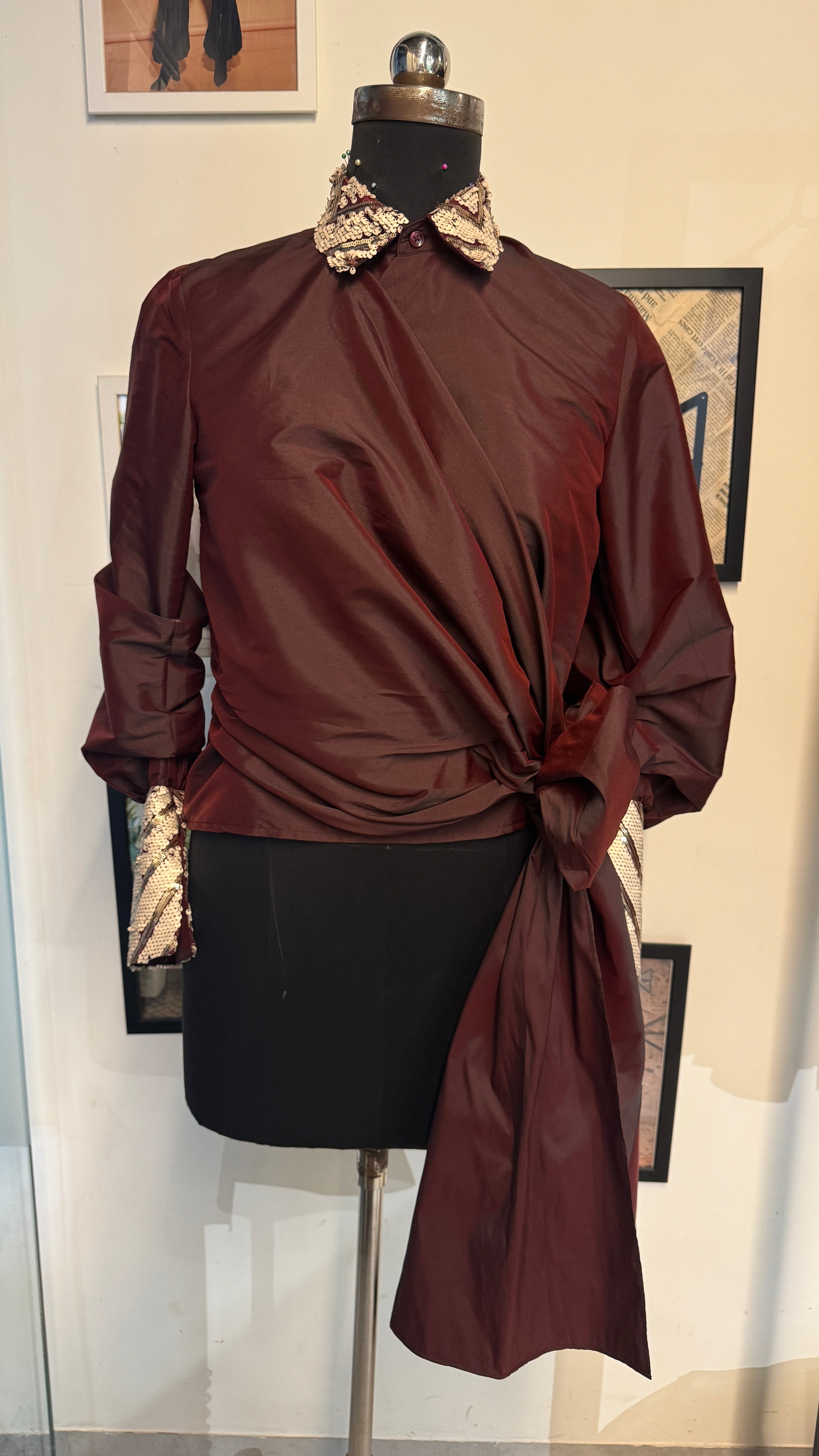 Maroon Tafetta Drape Tie Up Shirt With Zig Zag Sequins Cuff And Collar