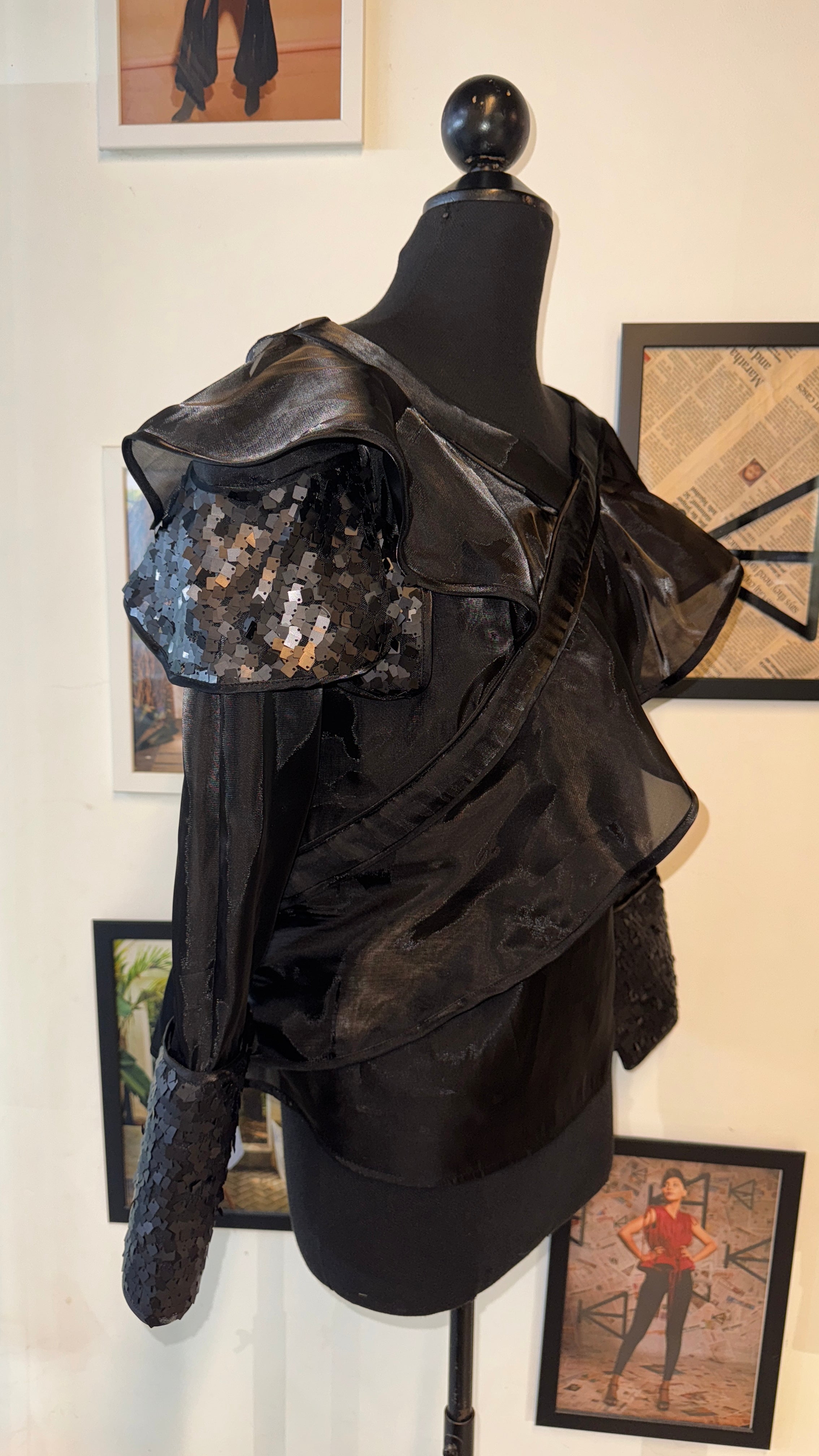 Black Organza Overlapped Ruffle Top With One Side Off Shoulder, Other Side Sequins Ruffle And Cuffs