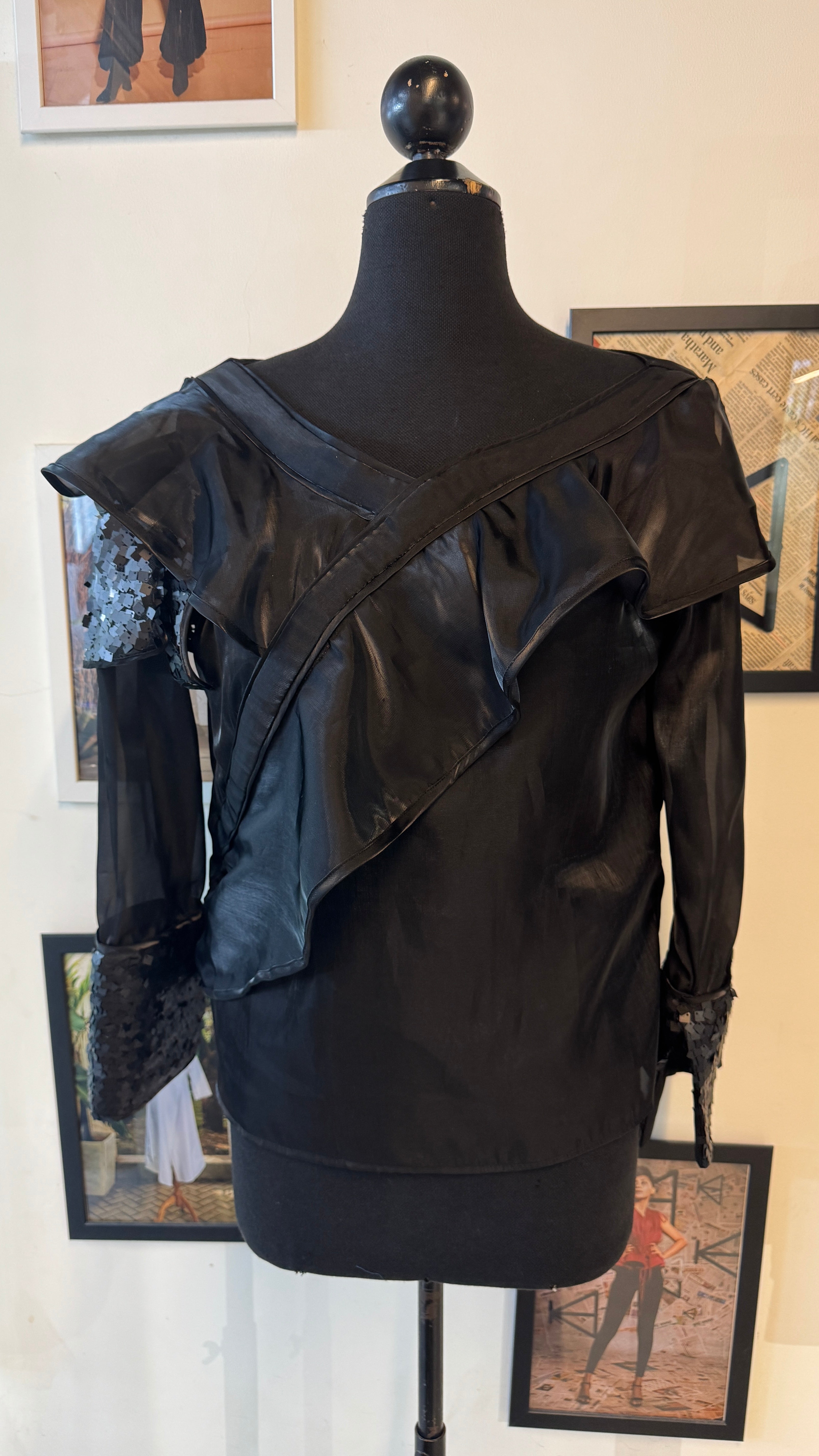 Black Organza Overlapped Ruffle Top With One Side Off Shoulder, Other Side Sequins Ruffle And Cuffs