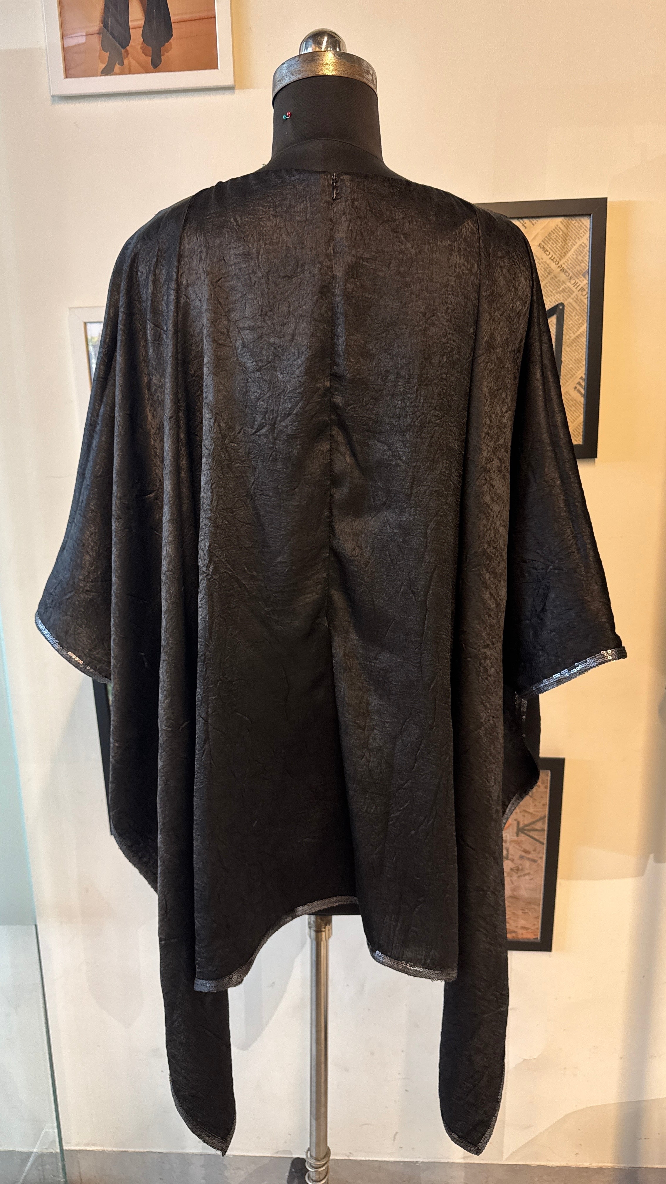 Black Velvet Texture Top With Neck Drape With Sequins Piping And Distress