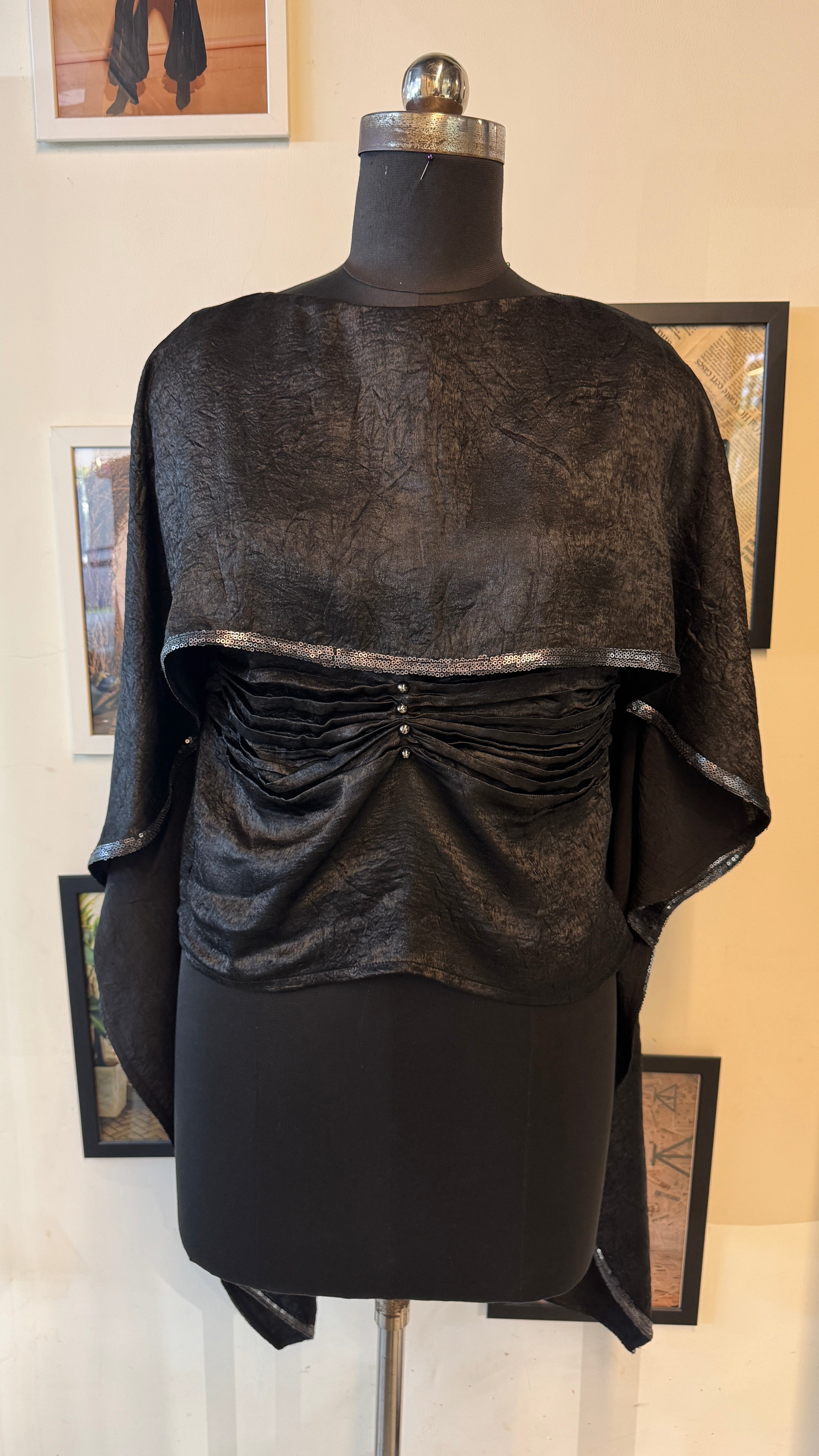 Black Velvet Texture Top With Neck Drape With Sequins Piping And Distress