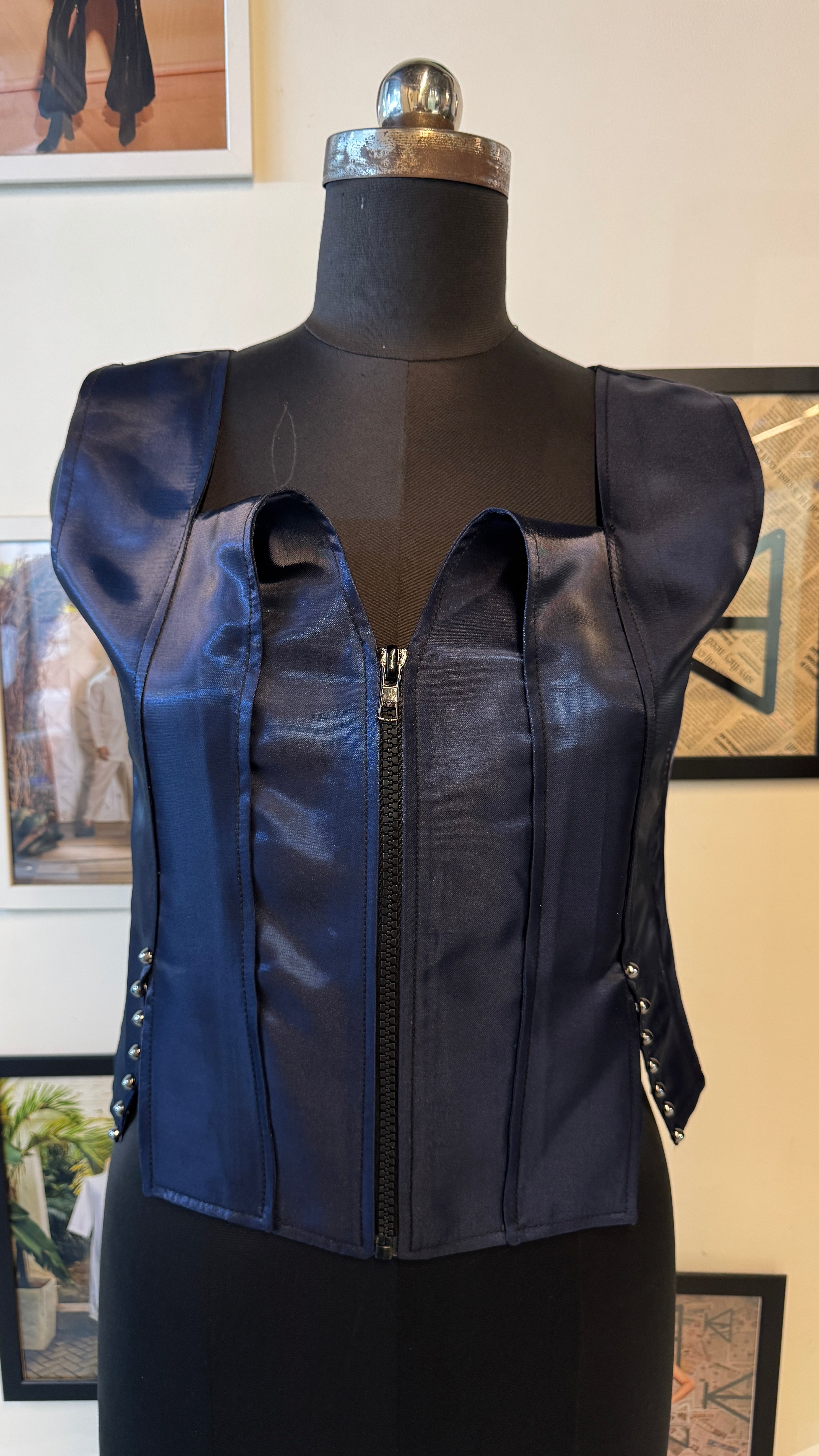 Blue Metallic Panel Top With Black Stitching And Zip With Inverted Two Panels And Front Cut