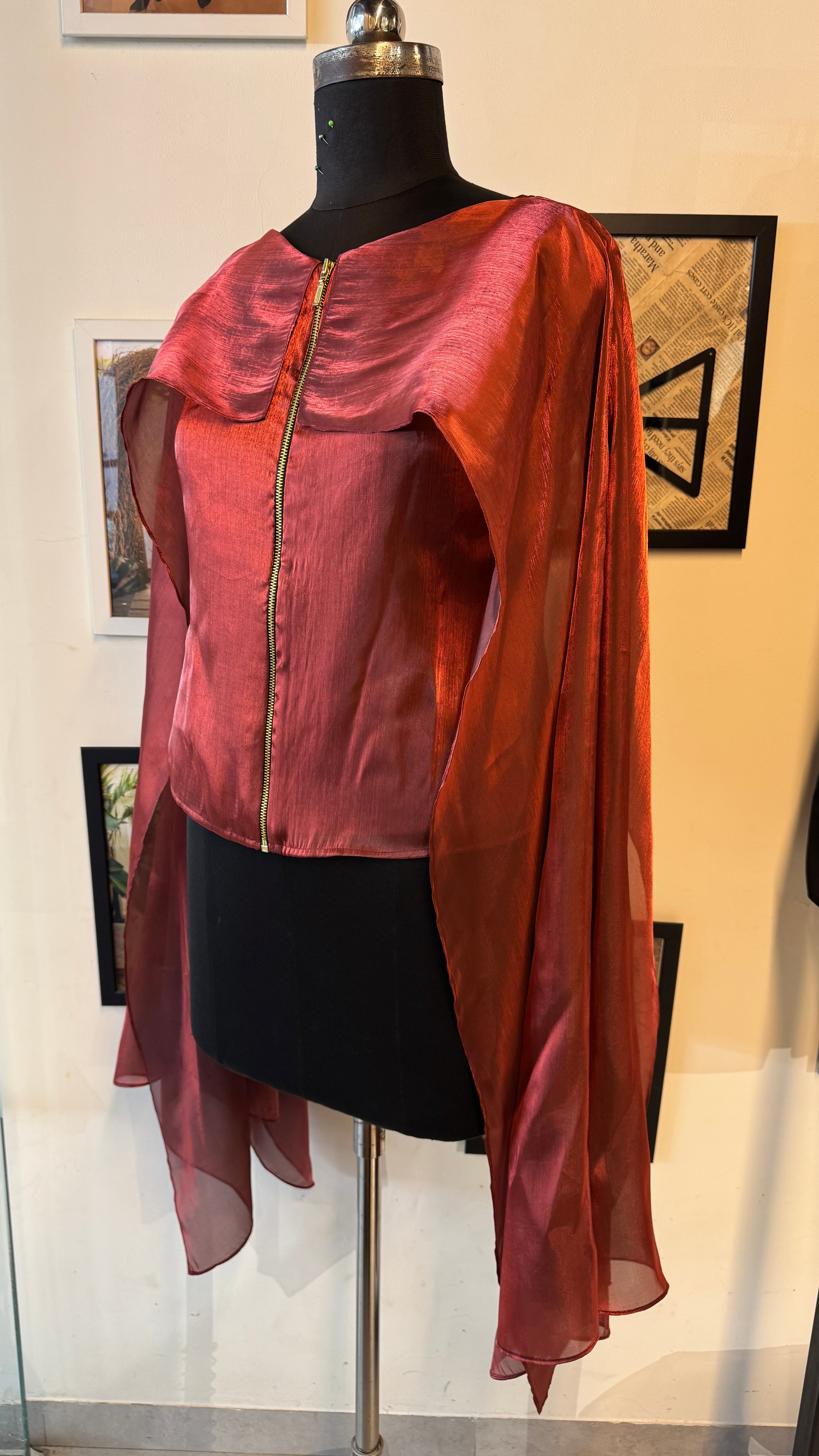 Red Organza Gold Zip Top With Handkerchief Sleeeves And Fold Collar