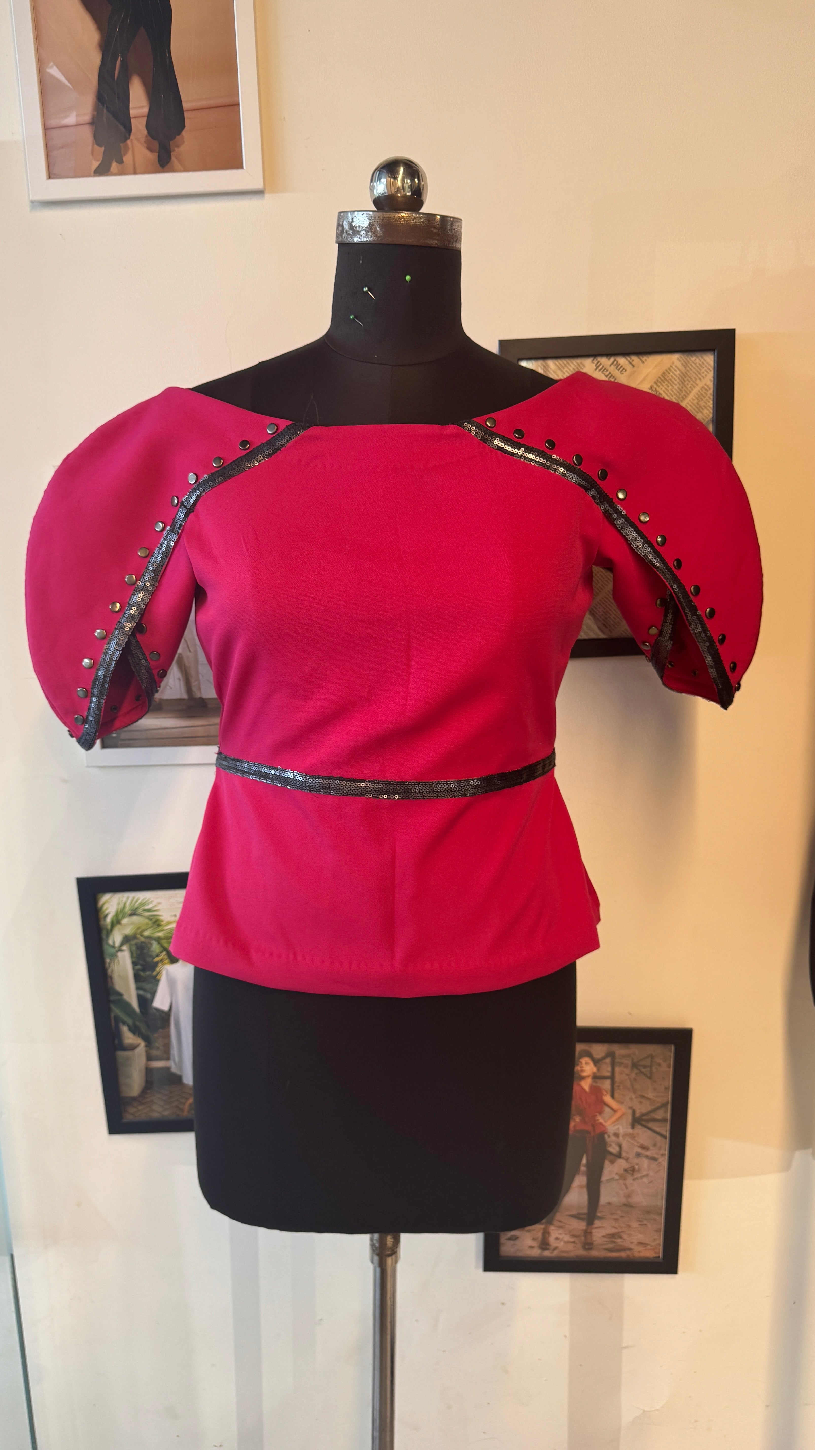 Pink Scuba Peplum With Boat Neck And Inverted Petal Sleeves With Rivets And Grey Piping Detailing