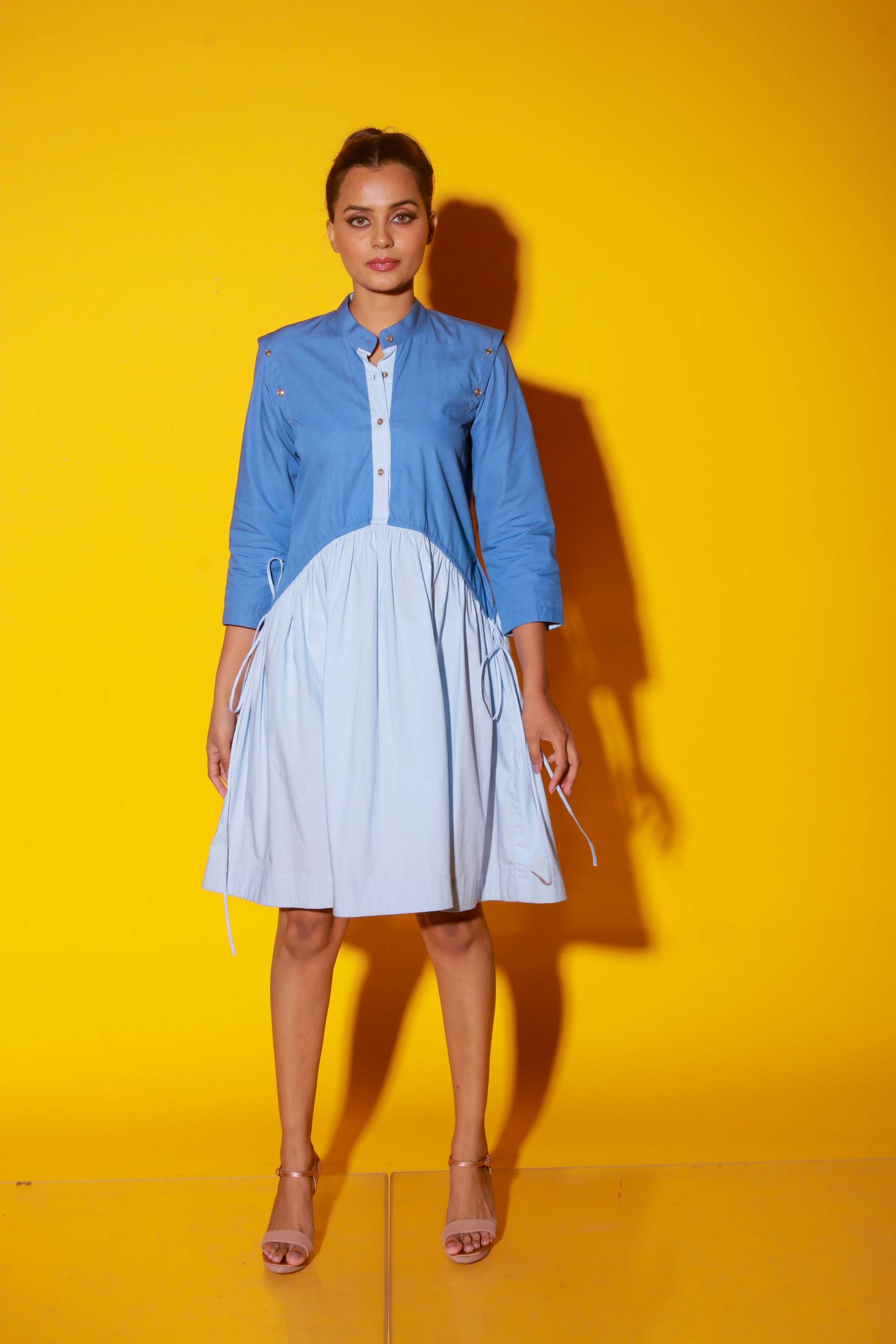 Dark & light blue dress features detachable sleeves and drawstring detailing below the waist.