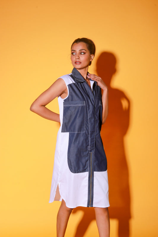 White and denim sleeveless shirt dress features supersized pockets.