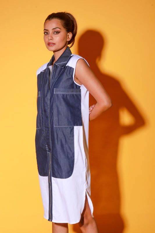 White and denim sleeveless shirt dress features supersized pockets.