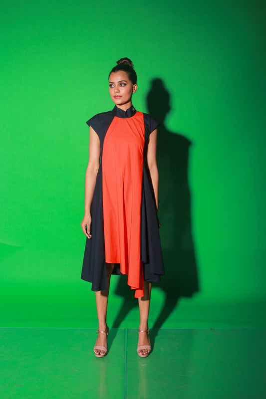 Blue and orange long asymmetric dress features a chinese collar and zipper at the back.