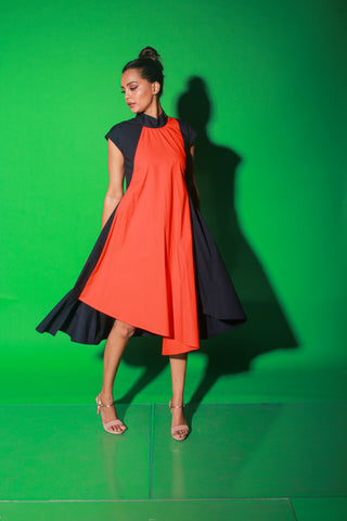 Blue and orange long asymmetric dress features a chinese collar and zipper at the back.