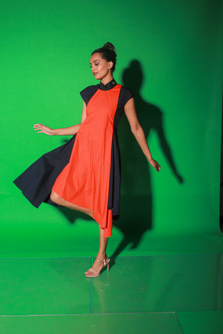 Blue and orange long asymmetric dress features a chinese collar and zipper at the back.