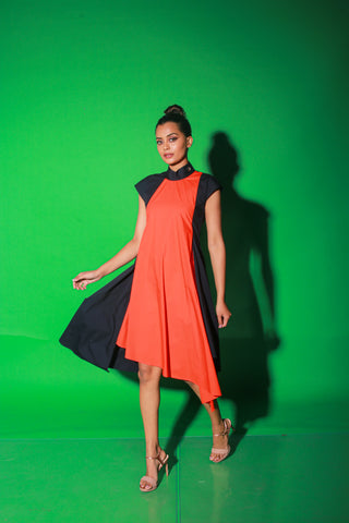 Blue and orange long asymmetric dress features a chinese collar and zipper at the back.