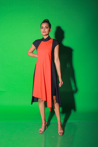 Blue and orange long asymmetric dress features a chinese collar and zipper at the back.