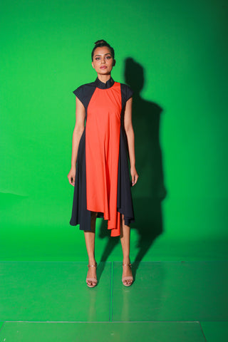 Blue and orange long asymmetric dress features a chinese collar and zipper at the back.