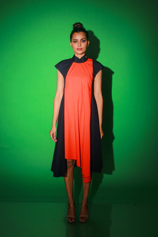 Blue and orange long asymmetric dress features a chinese collar and zipper at the back.