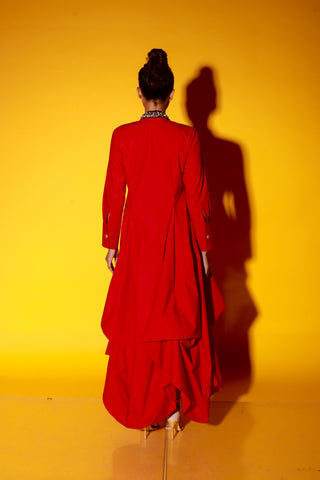 Red maxi length dress features a chinese collar with long sleeves and asymmetric balloon feature.