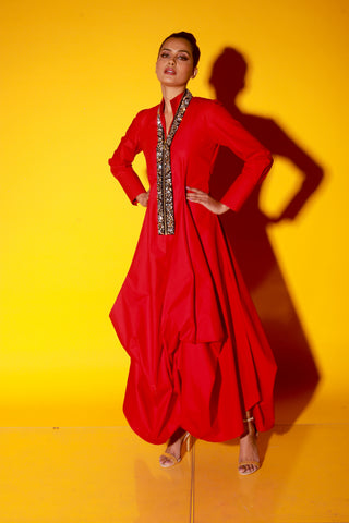 Red maxi length dress features a chinese collar with long sleeves and asymmetric balloon feature.