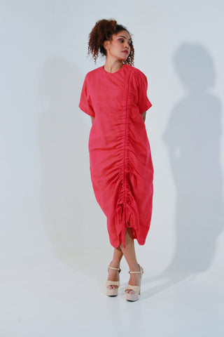 Coral dress in pure linen, includes pull-up string detailing on one side.