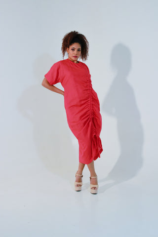 Coral dress in pure linen, includes pull-up string detailing on one side.