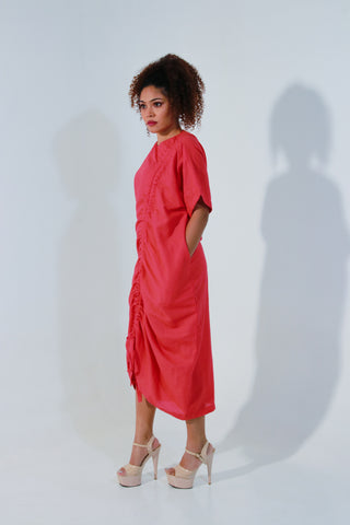 Coral dress in pure linen, includes pull-up string detailing on one side.