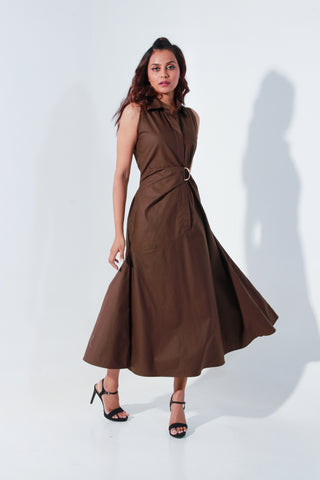 Edgar dress in brown with an attached saddle belt and waist cut-outs on the side.