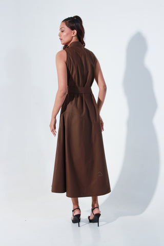 Edgar dress in brown with an attached saddle belt and waist cut-outs on the side.