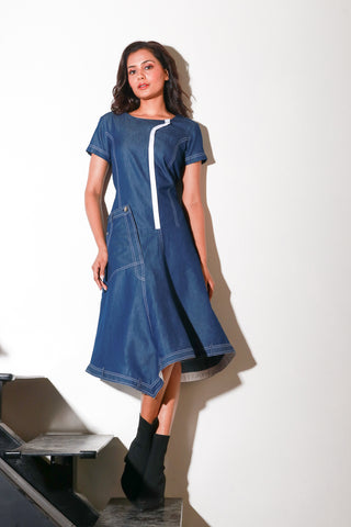 Denim asymmetric dress with zipper flap feature.