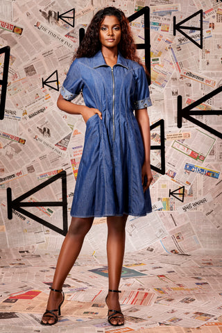 Cotton denim short dress with center zip and stitch detailing with eyelet featured on the sleeves