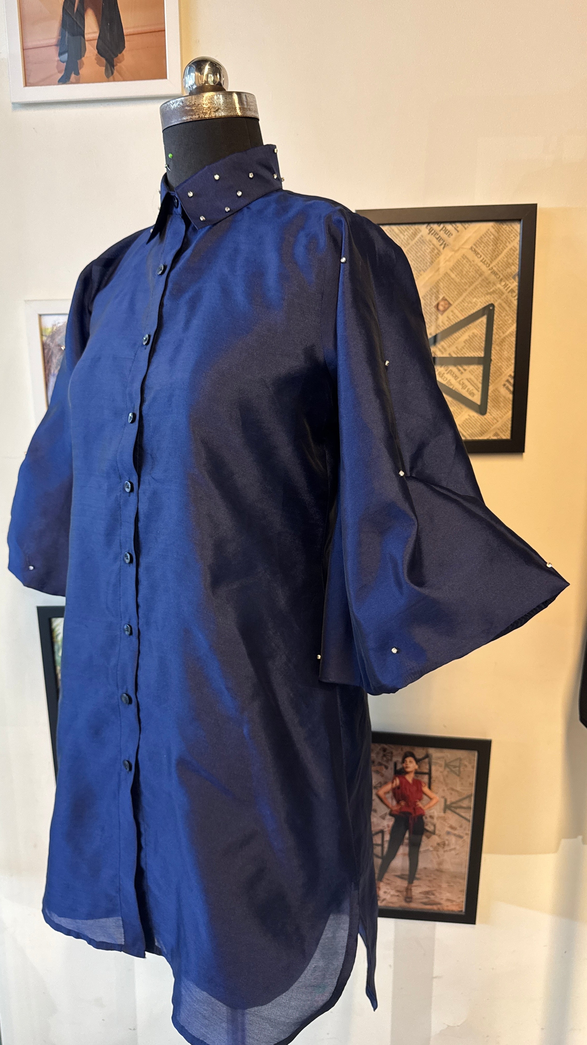 Blue Taffeta Shirt Dress With Balloon Sleeves And Round Stones