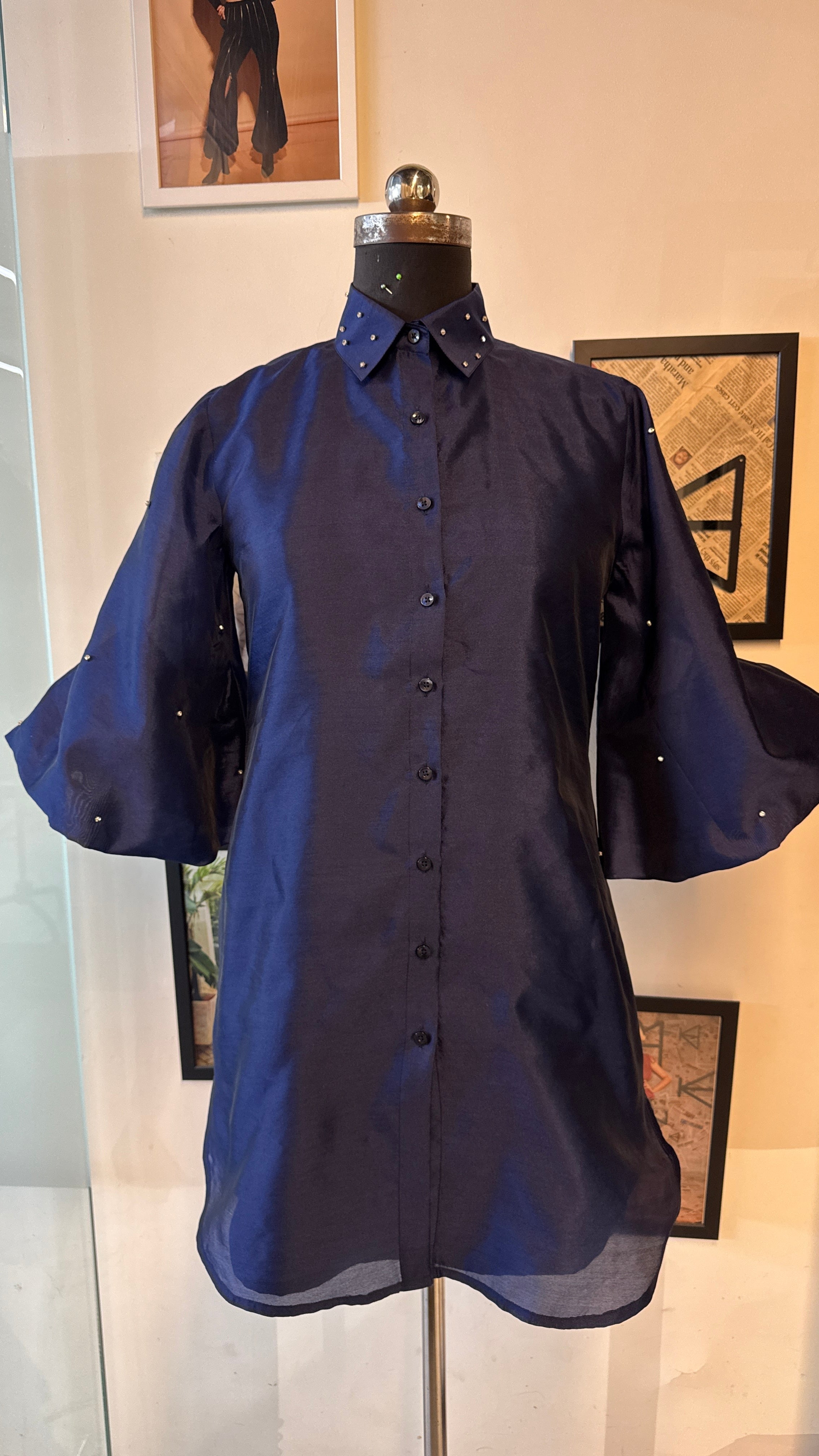 Blue Taffeta Shirt Dress With Balloon Sleeves And Round Stones