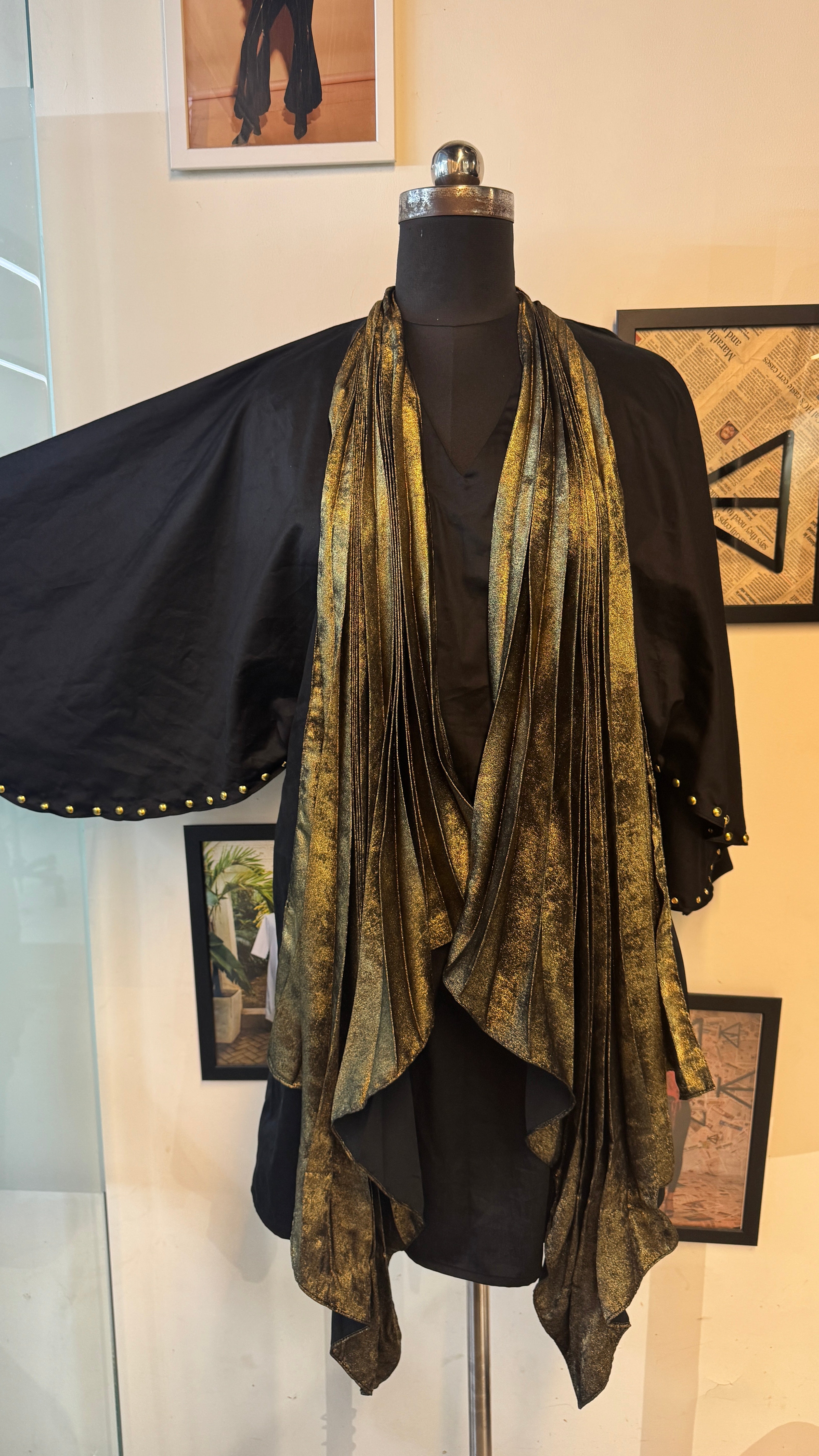 Black Cotton Satin Shirt Dress With Gold Pleated Scarf, With Drape Attached To Sleeves And Rivets