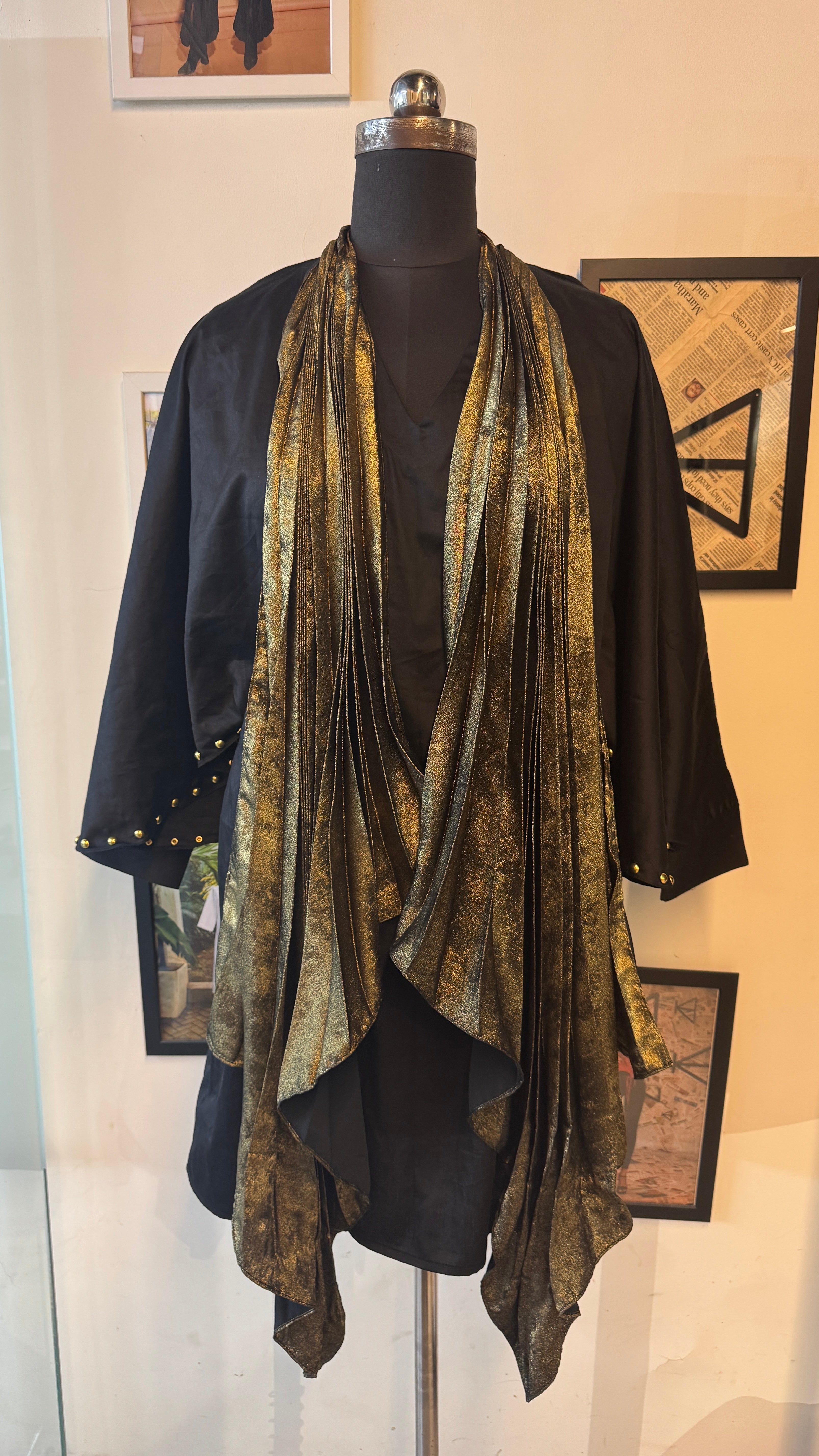 Black Cotton Satin Shirt Dress With Gold Pleated Scarf, With Drape Attached To Sleeves And Rivets